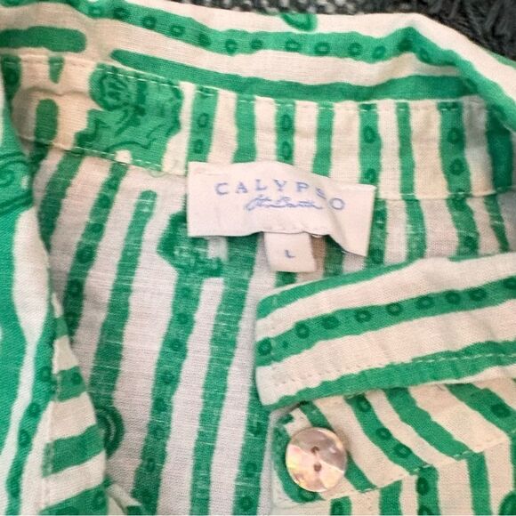 Calypso St. Barth linen blend short sleeve button up resort Mediterranean Large - Picture 7 of 8
